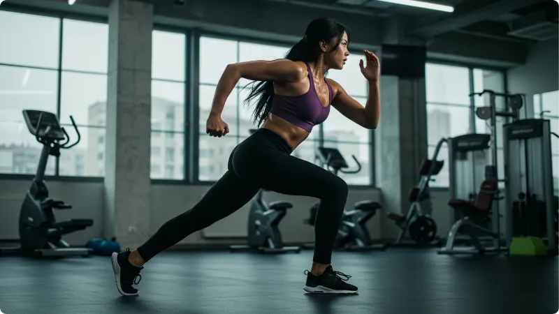 como secar gordura da barriga com treino HIIT: mulher executando intervalos de alta intensidade na academia