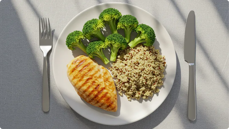 como secar gordura da barriga com alimentação saudável: prato com proteínas magras, vegetais e carboidratos complexos